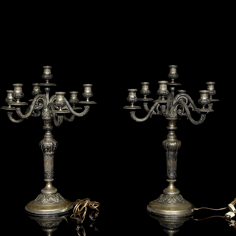 Pair of silver-plated metal candlesticks, 20th century
