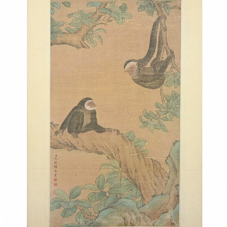 Pintura china “Monos entre ramas”, con sello Shen Zhenlin