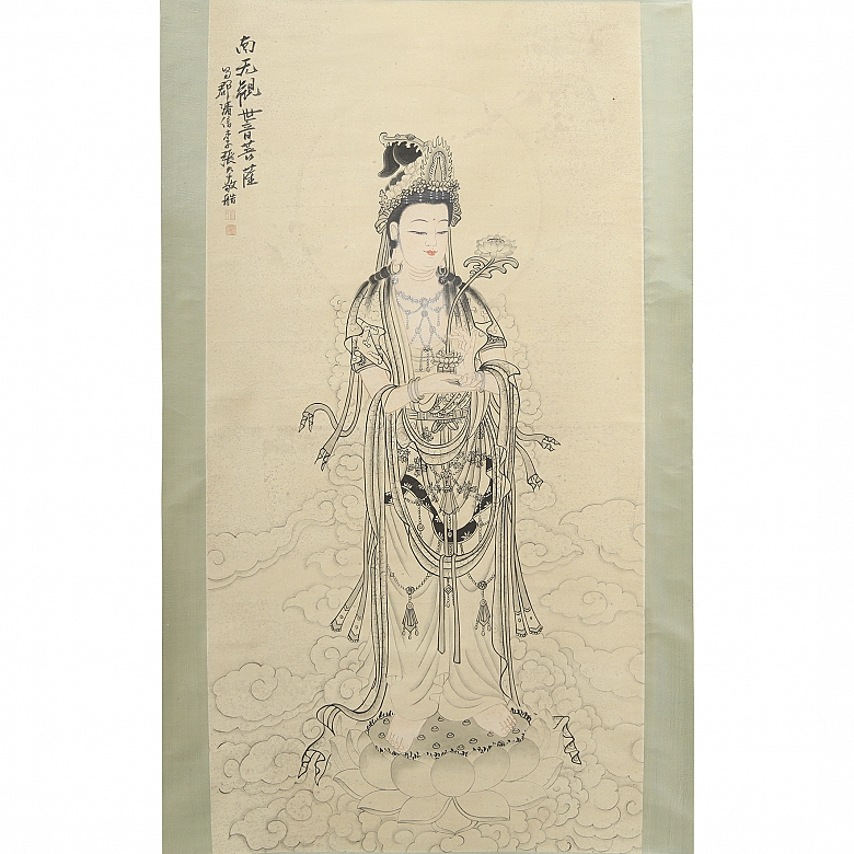 中国画《观音莲花图》，张大千款 - 1