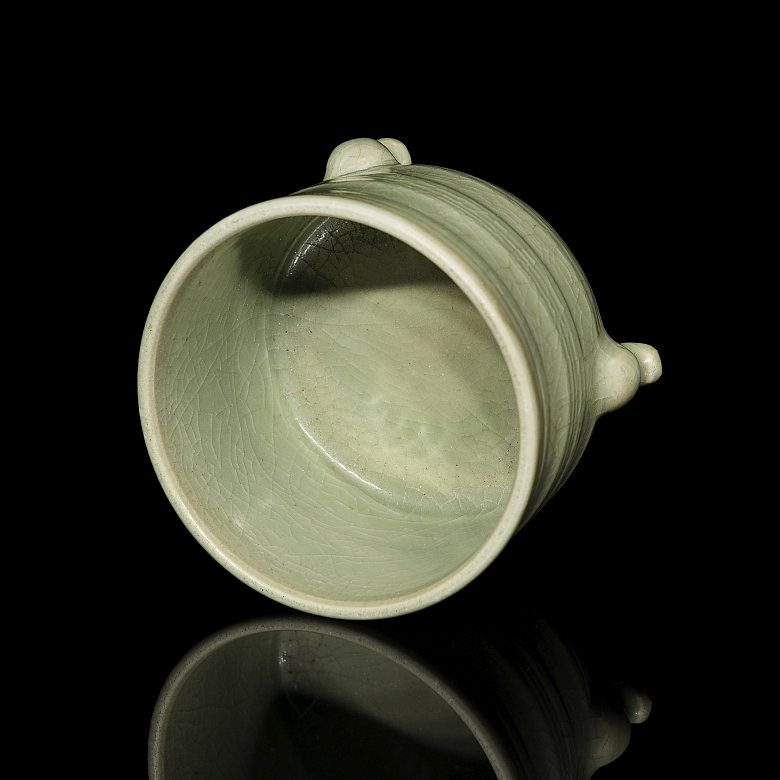Recipiente trípode de cerámica con vidriado celadón, estilo Ge yao