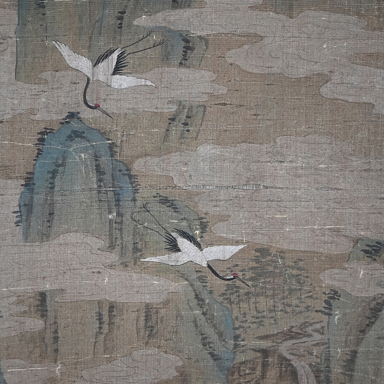 Chinese painting ‘Cranes and Pines’, signed Shen Quan