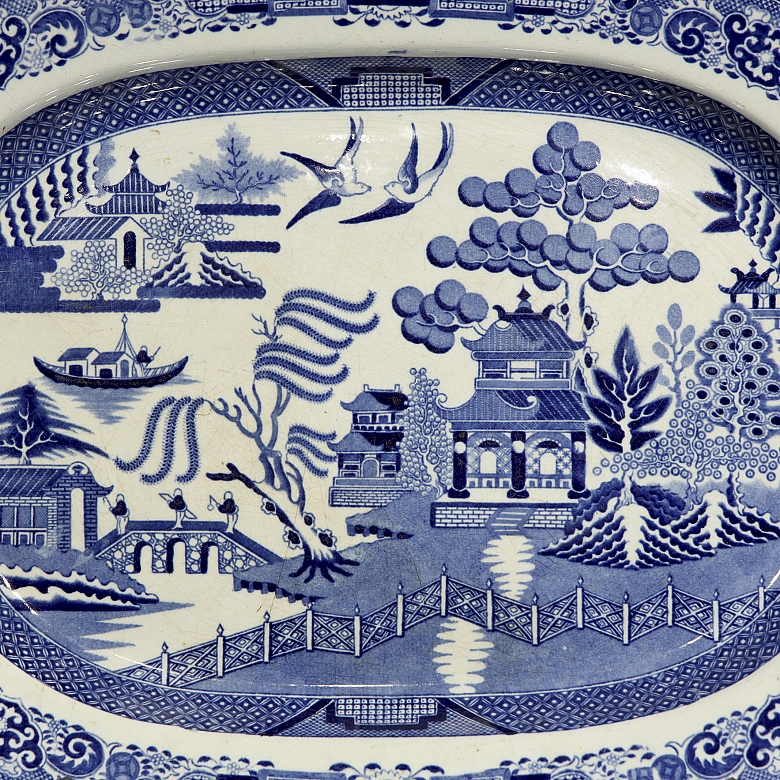 柳树纹托盘，石质瓷器，斯塔福德郡，十九世纪