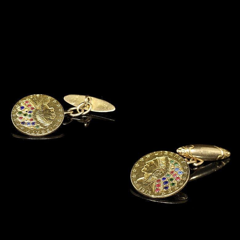 Gemelos de oro de 18 kt con monedas estadounidenses y gemas de colores