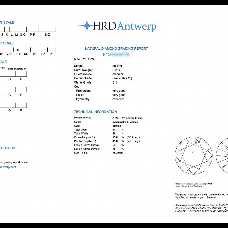 Diamante natural en talla brillante, 2.08 ct, certificado HRD
