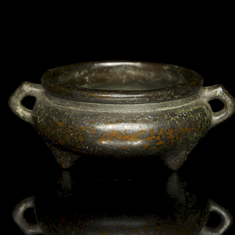 Incensario trípode de bronce patinado, con sello Chongzhen - 2