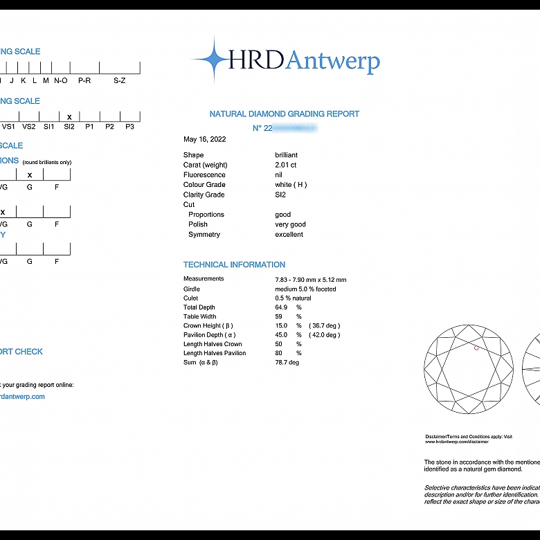 Diamante natural en talla brillante, 2.01 ct, certificado HRD