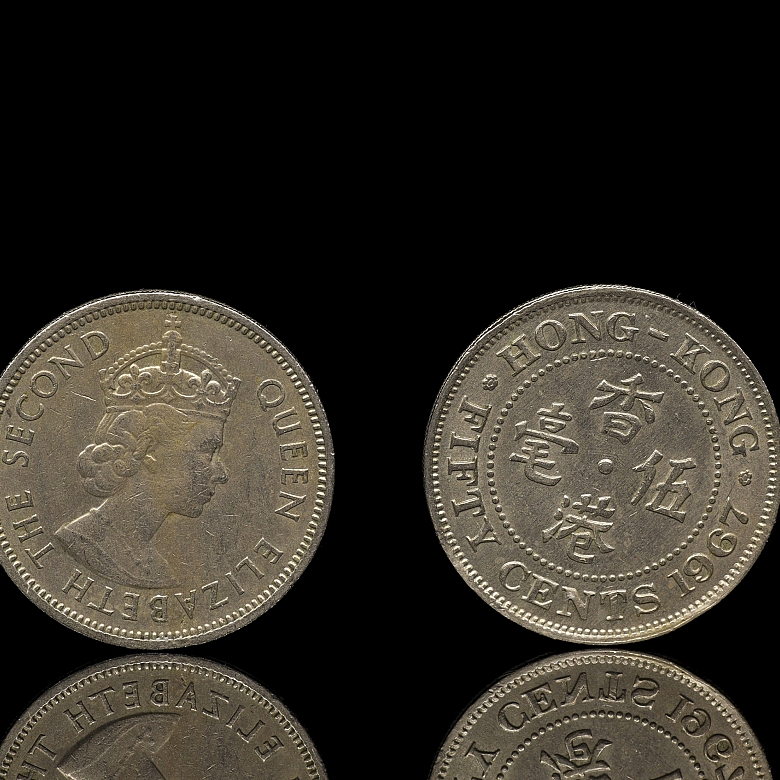 Dos monedas de 50 centavos, Hong Kong, 1963 y 1967
