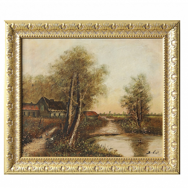 20th-century French school ‘Houses by the Lake’