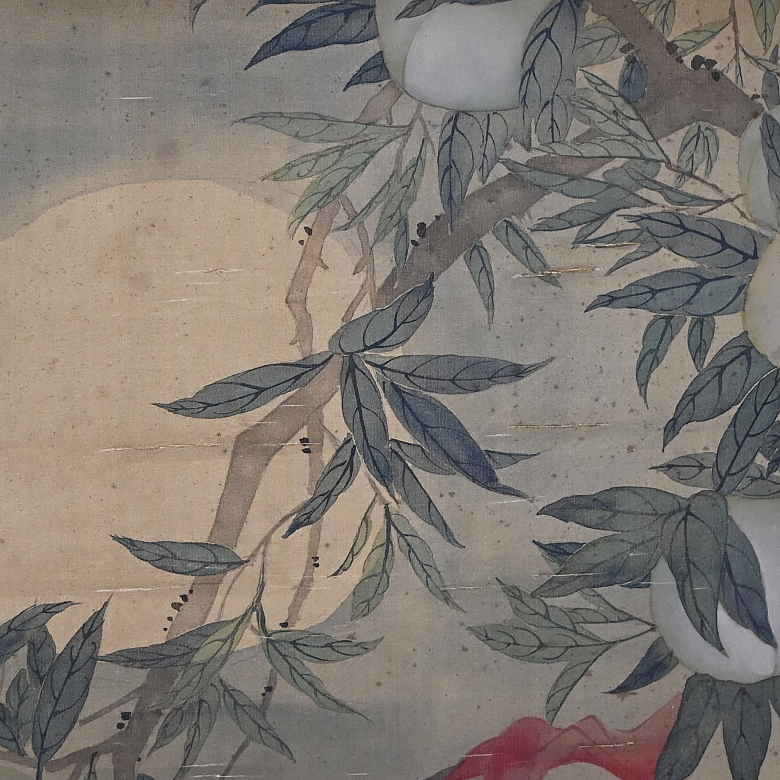 Chinese painting “Peaches and bats,” signed Dong Gao
