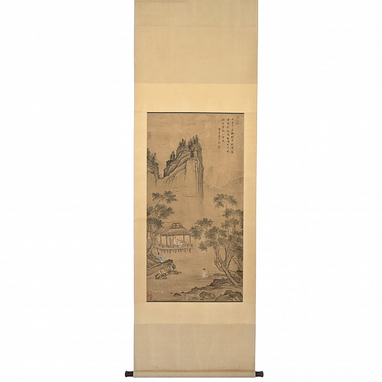 Chinese silk painting, ‘Scene on the Lake’, signed Tan Yin
