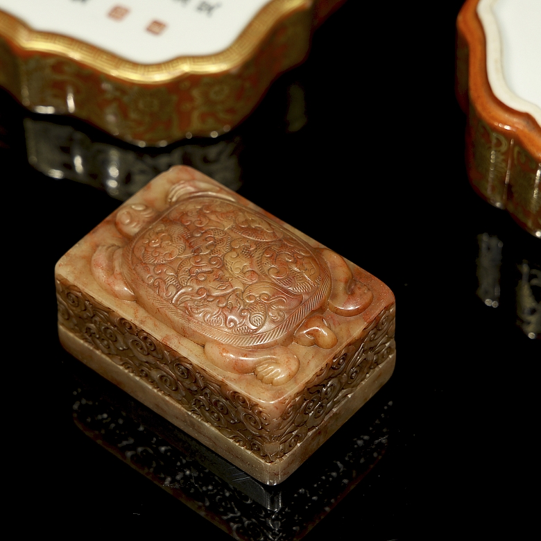 Conjunto de caja de porcelana y sello Shoushan 
