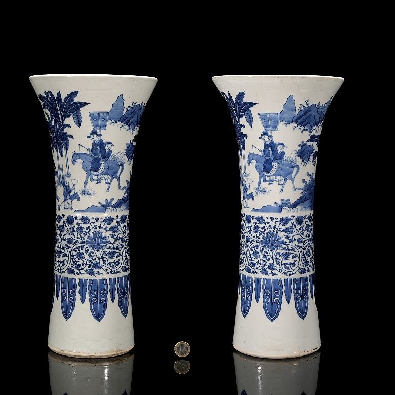 Pair of Gu vases, ‘Scenes and Flowers’, Qing dynasty