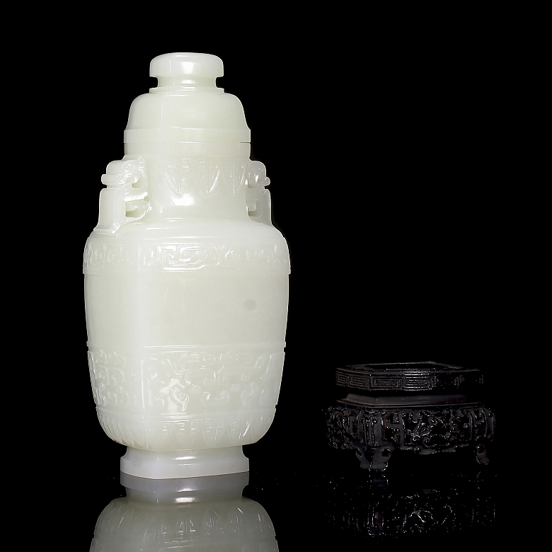 Hetian white jade vase ‘Masks’, Qing dynasty