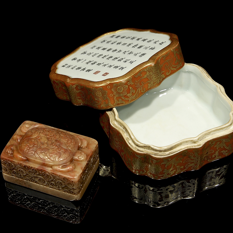 Conjunto de caja de porcelana y sello Shoushan 