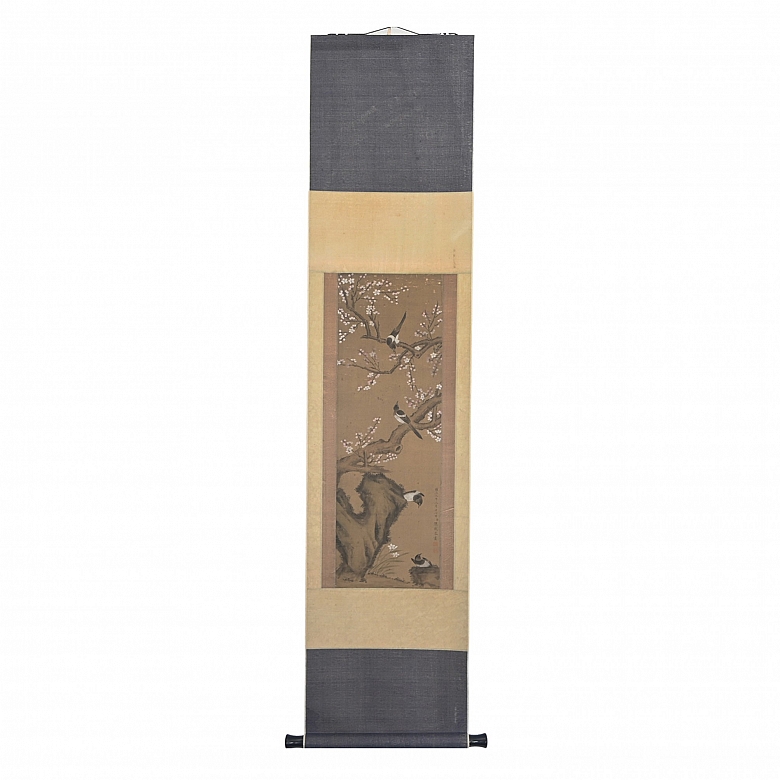 Chinese painting ‘Magpies on a Plum Tree in Bloom’, signed Chen Mei