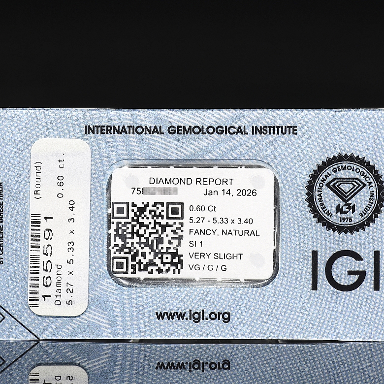 Diamante natural talla brillante, 0.60 ct, certificado IGI