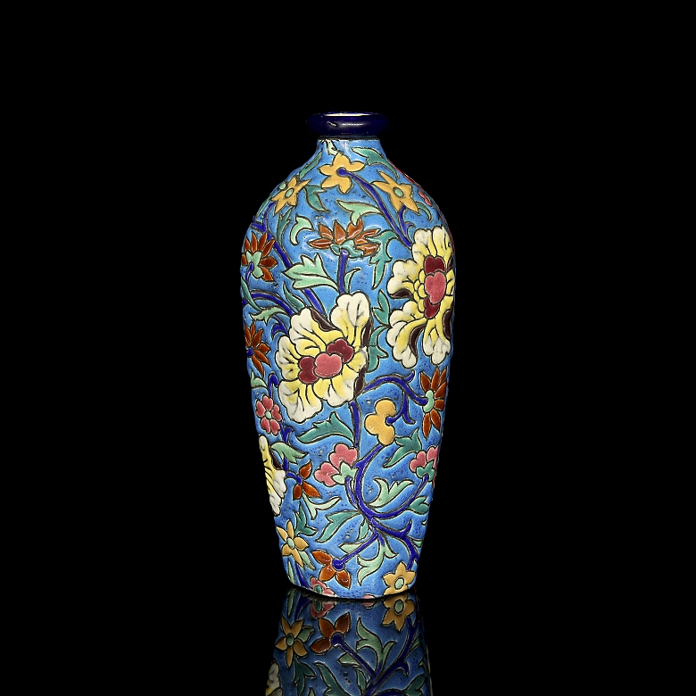 Longwy, hexagonal ceramic vase ‘Flowers’, early 20th century