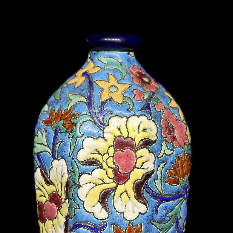 Longwy, hexagonal ceramic vase ‘Flowers’, early 20th century