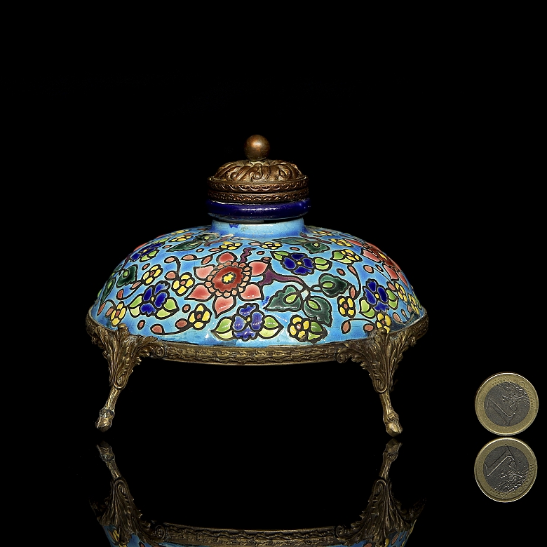 Longwy, bronze and glazed ceramic inkwell, 20th century