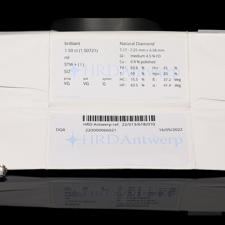 Diamante natural en talla brillante, 1.50 ct, certificado HRD