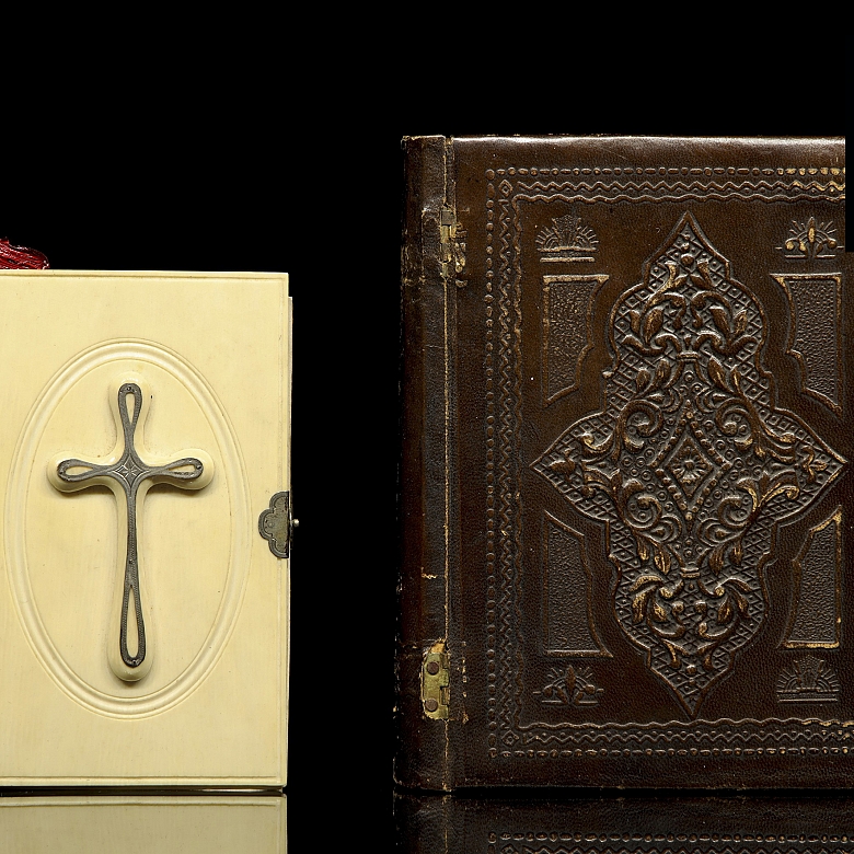Book and leather-covered box, 19th century