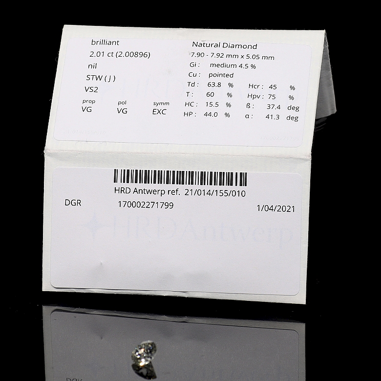 Diamante natural en talla brillante, 2.01 ct, certificado HRD