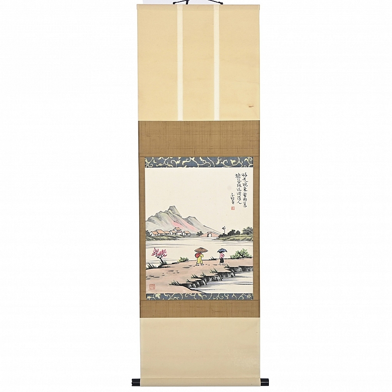 Chinese painting “Rainy landscape with umbrellas,” signed Feng Zikai