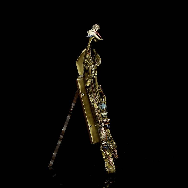 Baroque-style table mirror in bronze and porcelain, 19th century