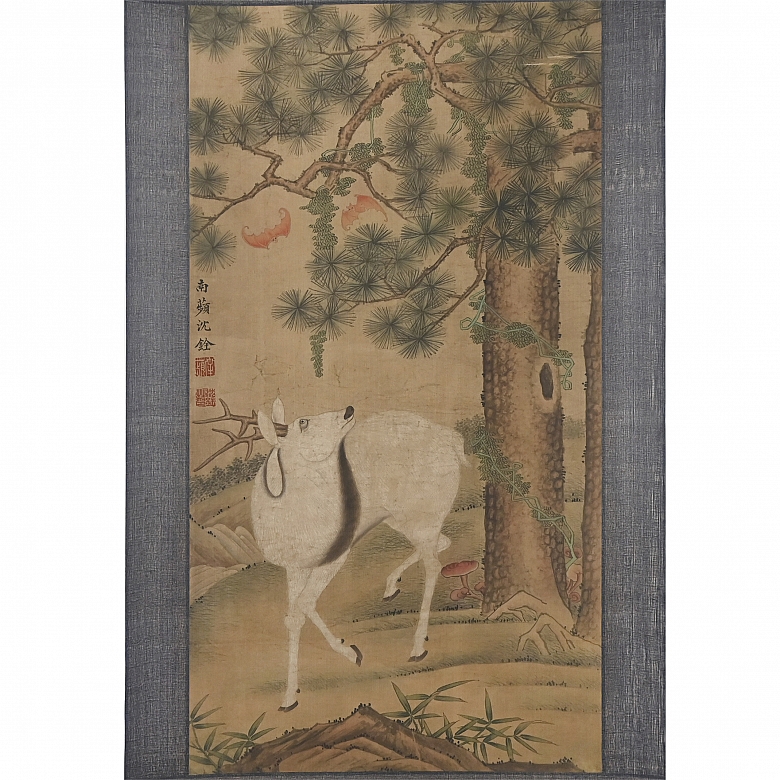 Pintura china “Ciervo bajo el pino”, con firma Shen Quan