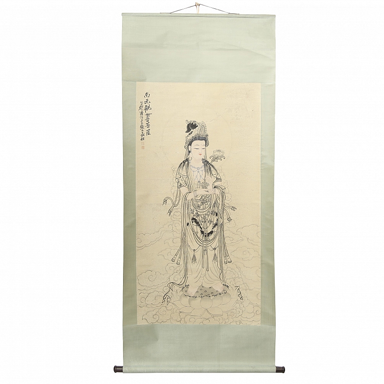 中国画《观音莲花图》，张大千款