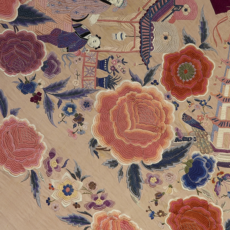 Mantón de Manila bordado con decoración Chinoiserie, s. XX