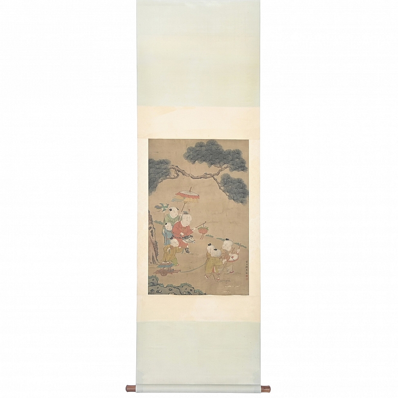 Pintura china “Niños jugando”, con firma Gu Jianlong
