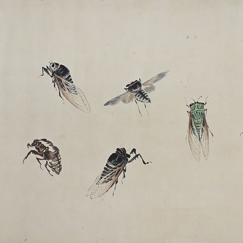 Pintura china “Insectos y caligrafía”, con firma Jiang Hanting - 7