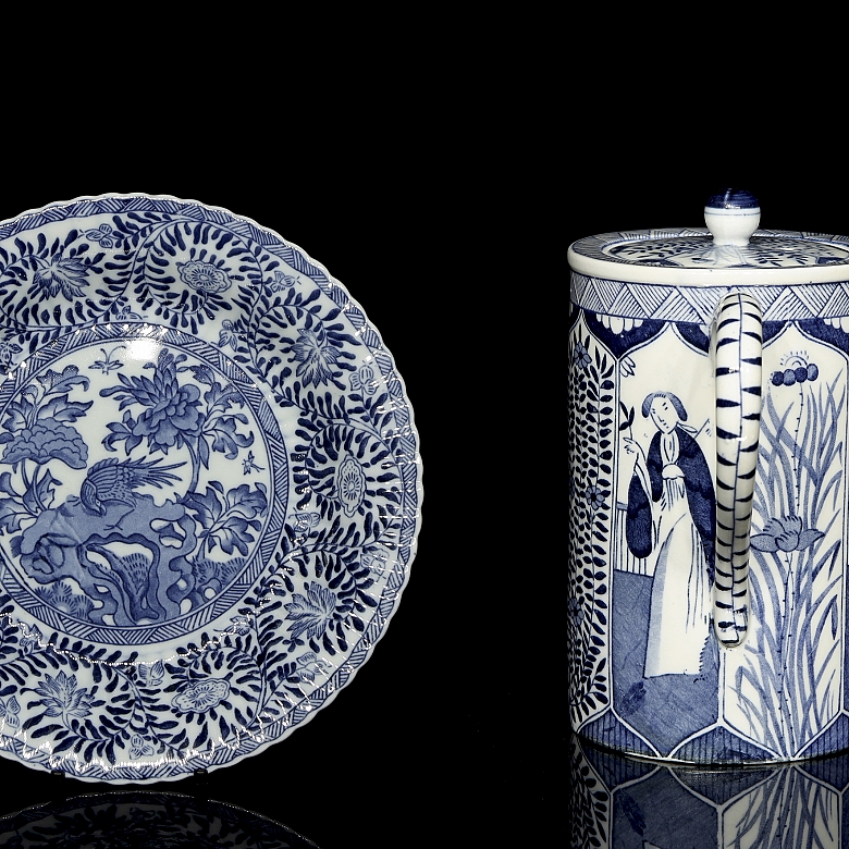 马斯特里赫特莫萨瓷器，中式瓷质茶壶及托盘，荷兰，20世纪