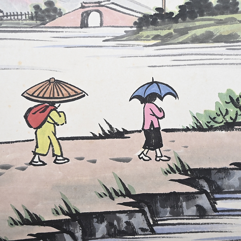 Chinese painting “Rainy landscape with umbrellas,” signed Feng Zikai