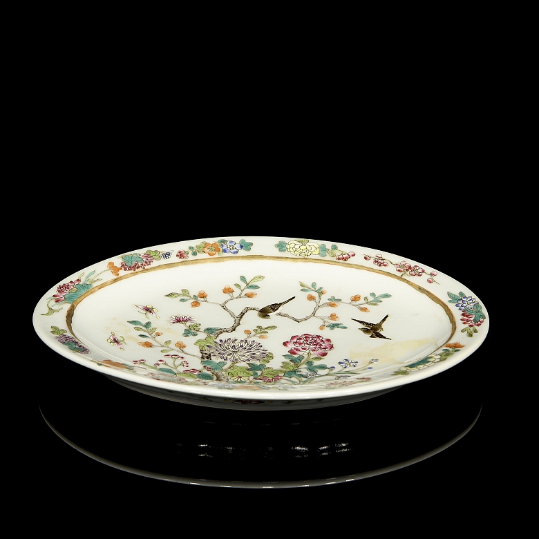 Rose family porcelain tray ‘Birds and Peonies’, with Guangxu mark - 4