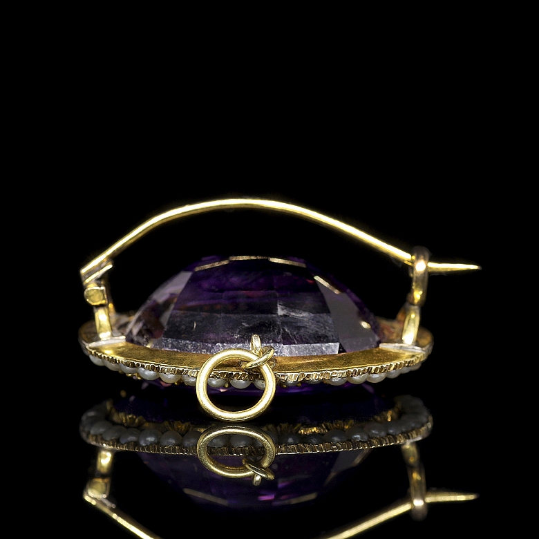 Broche de oro de 14 k con amatista y perlas, estilo Victoriano