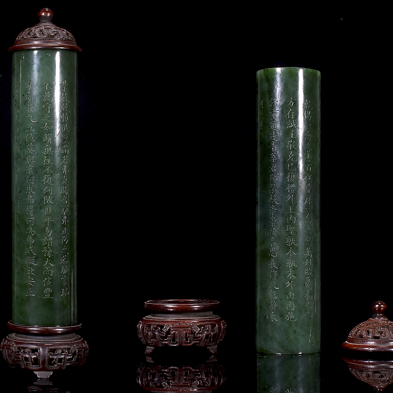 Pareja de porta inciensos de jade espinaca de Hetian 