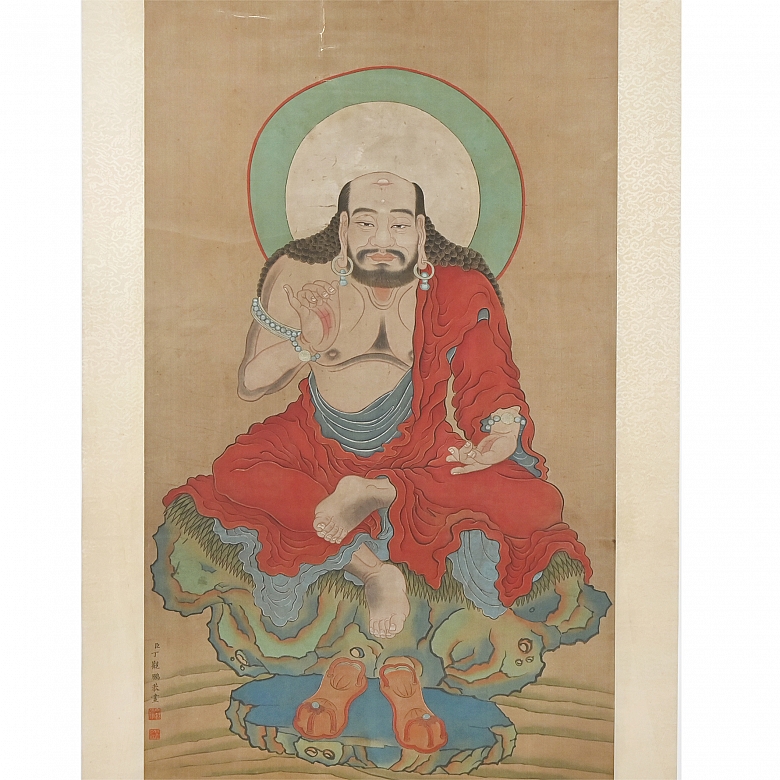 Pintura china “Arhat sentado sobre roca”, con firma Ding Guanpeng - 1