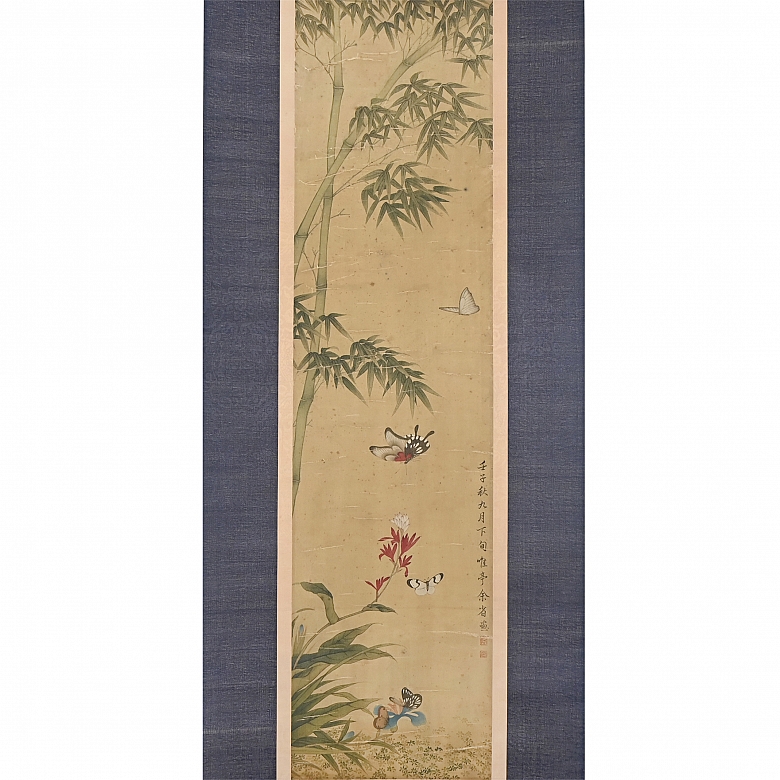 Pintura china “Bambú y mariposas”, con firma Yu Sheng - 1