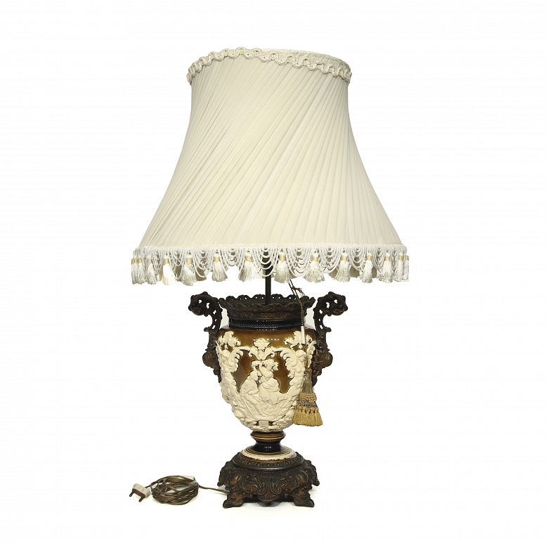 Porcelain and bronze table lamp, ‘Gallant Scenes,’ 20th century
