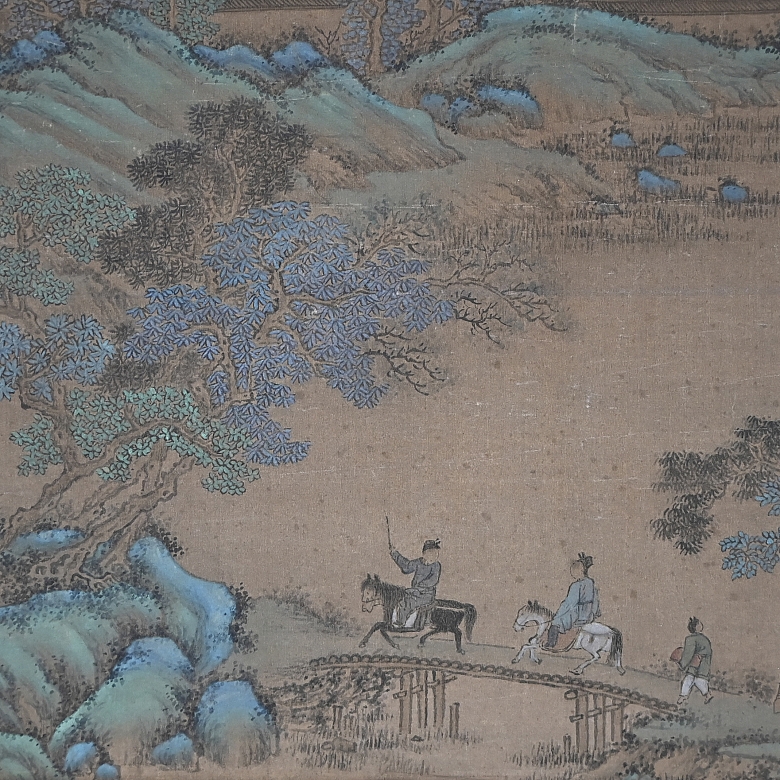 Chinese painting ‘Landscape with horsemen’, signed Wen Boren