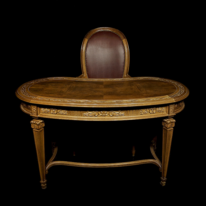 Mesa de despacho riñón con sillón, estilo Luis XVI, s.XX