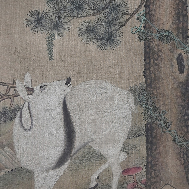 Pintura china “Ciervo bajo el pino”, con firma Shen Quan