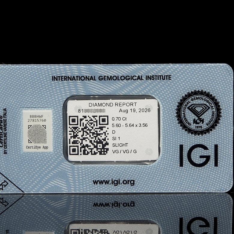 Diamante natural en talla brillante, 0.70 ct, certificado IGI