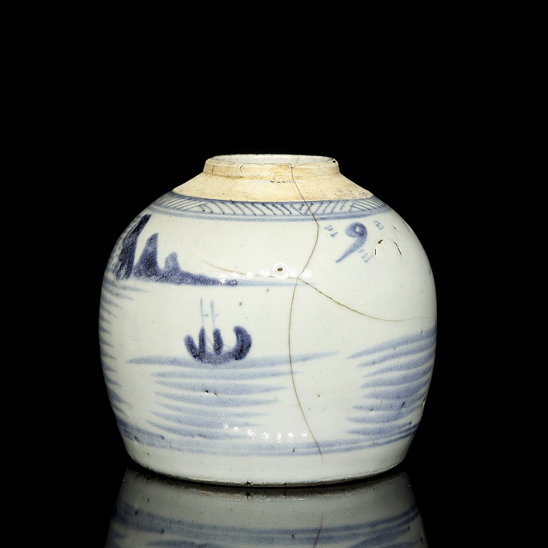 Tarro de jengibre de cerámica esmaltada azul y blanco, dinastía Qing - 2