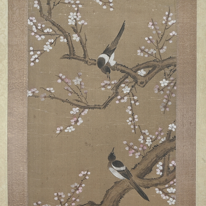 Chinese painting ‘Magpies on a Plum Tree in Bloom’, signed Chen Mei