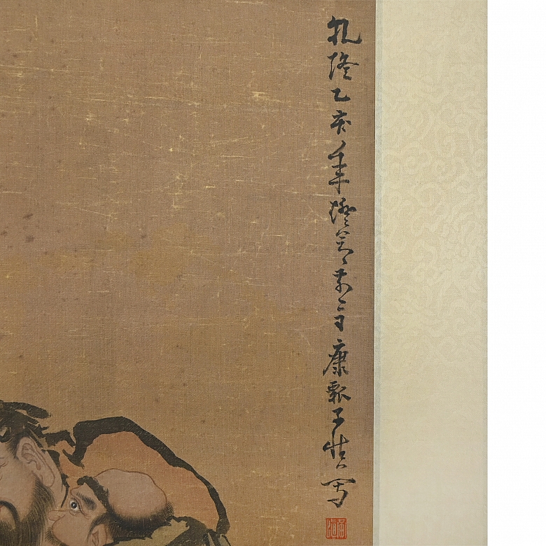 Pintura china “Tres inmortales”, con firma Huang Shen