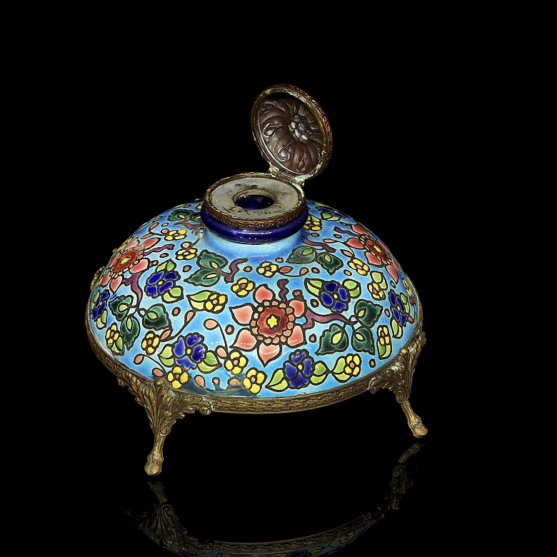 Longwy, bronze and glazed ceramic inkwell, 20th century
