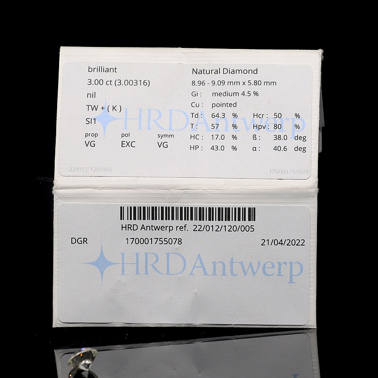Diamante natural en talla brillante, 3.00 ct, certificado HRD